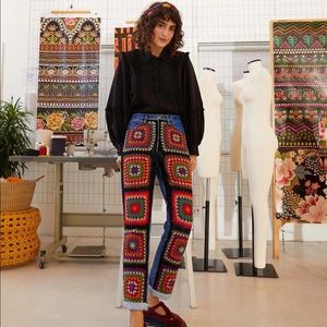 Farm Rio Crochet Embroidered Denim Pants